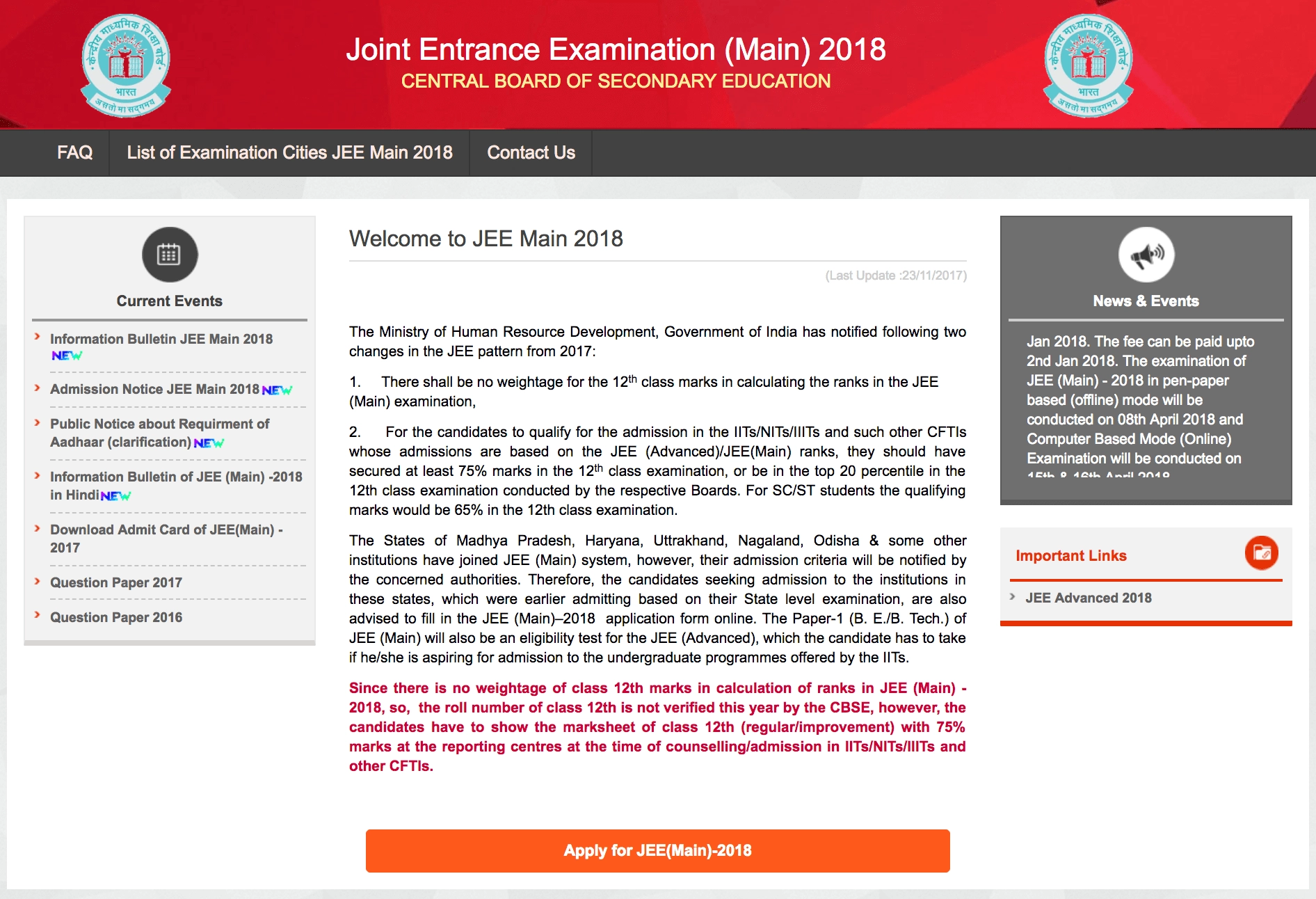 JEE Main Registrations Started Screenshot
