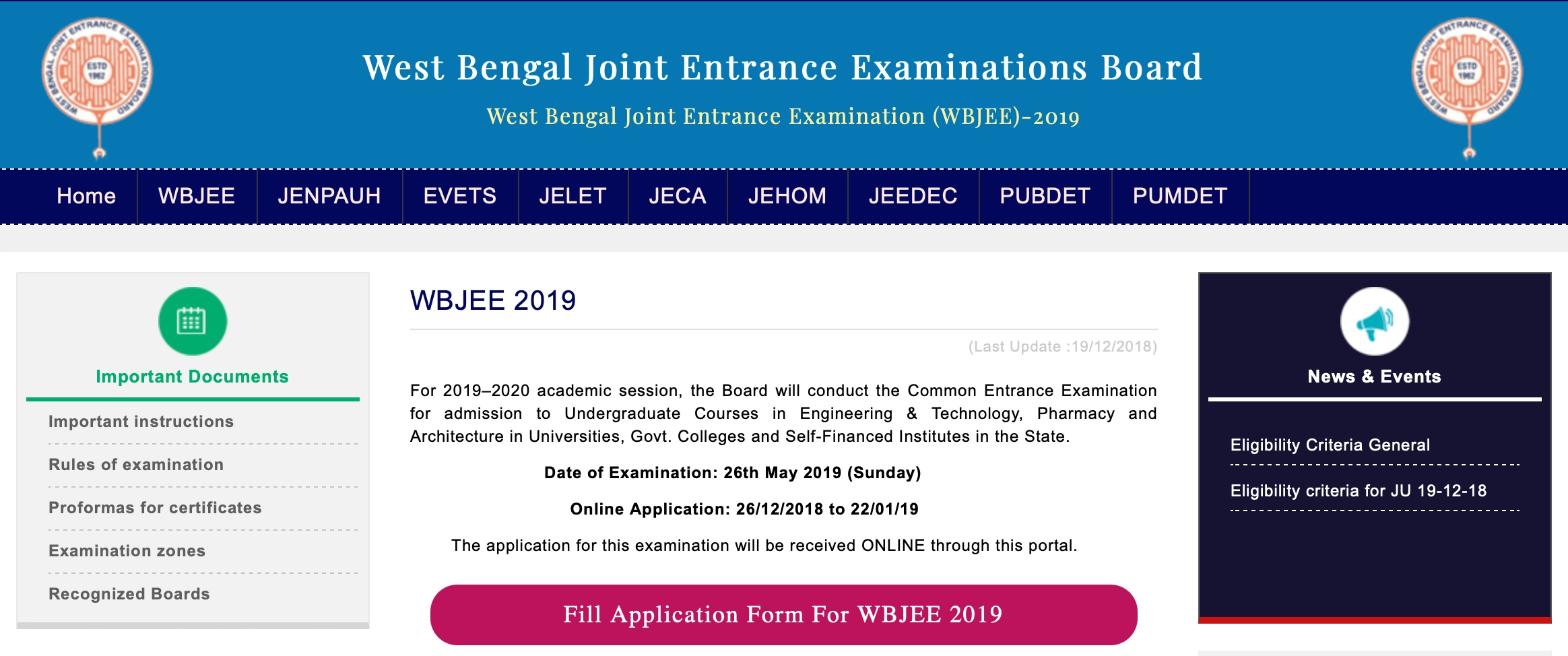 WBJEE 2019 Registrations Started Screenshot