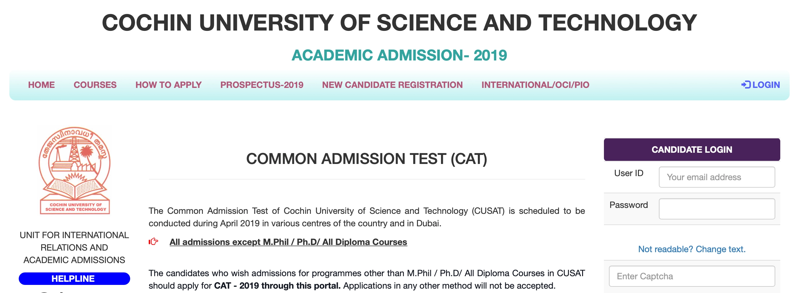 CUSAT CAT 2019 Registrations started Screenshot