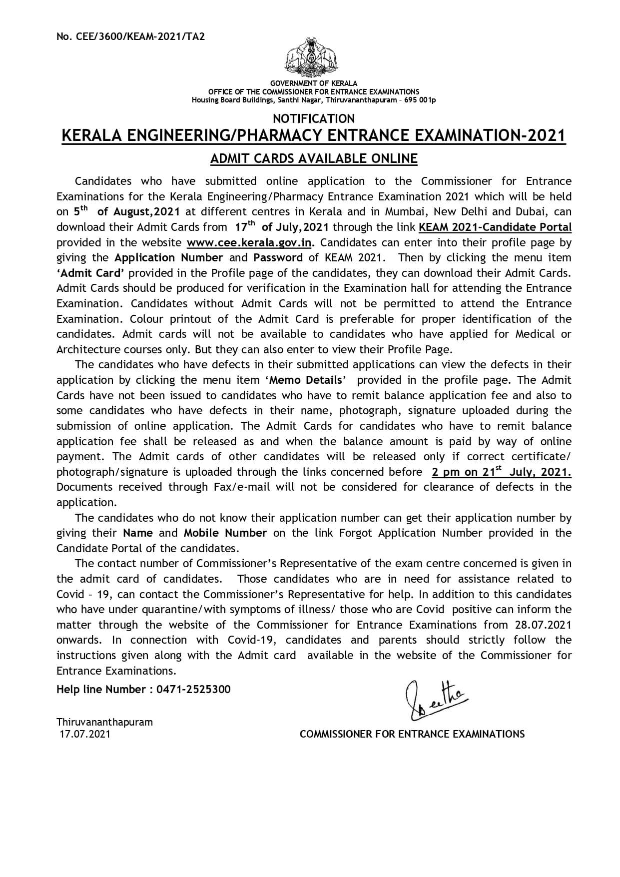 KEAM 2021 Admit Card Notice