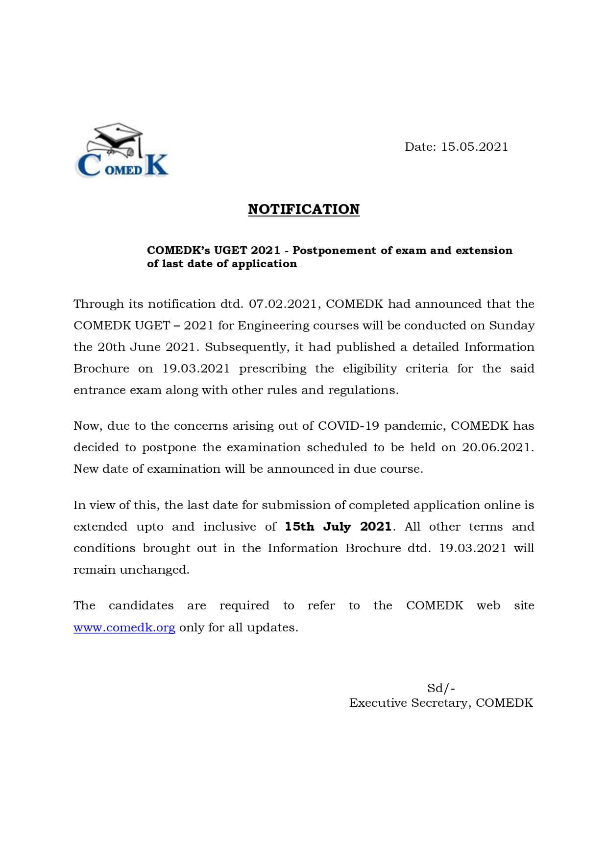 COMEDK UGET 2021 Exam Postponed Notice