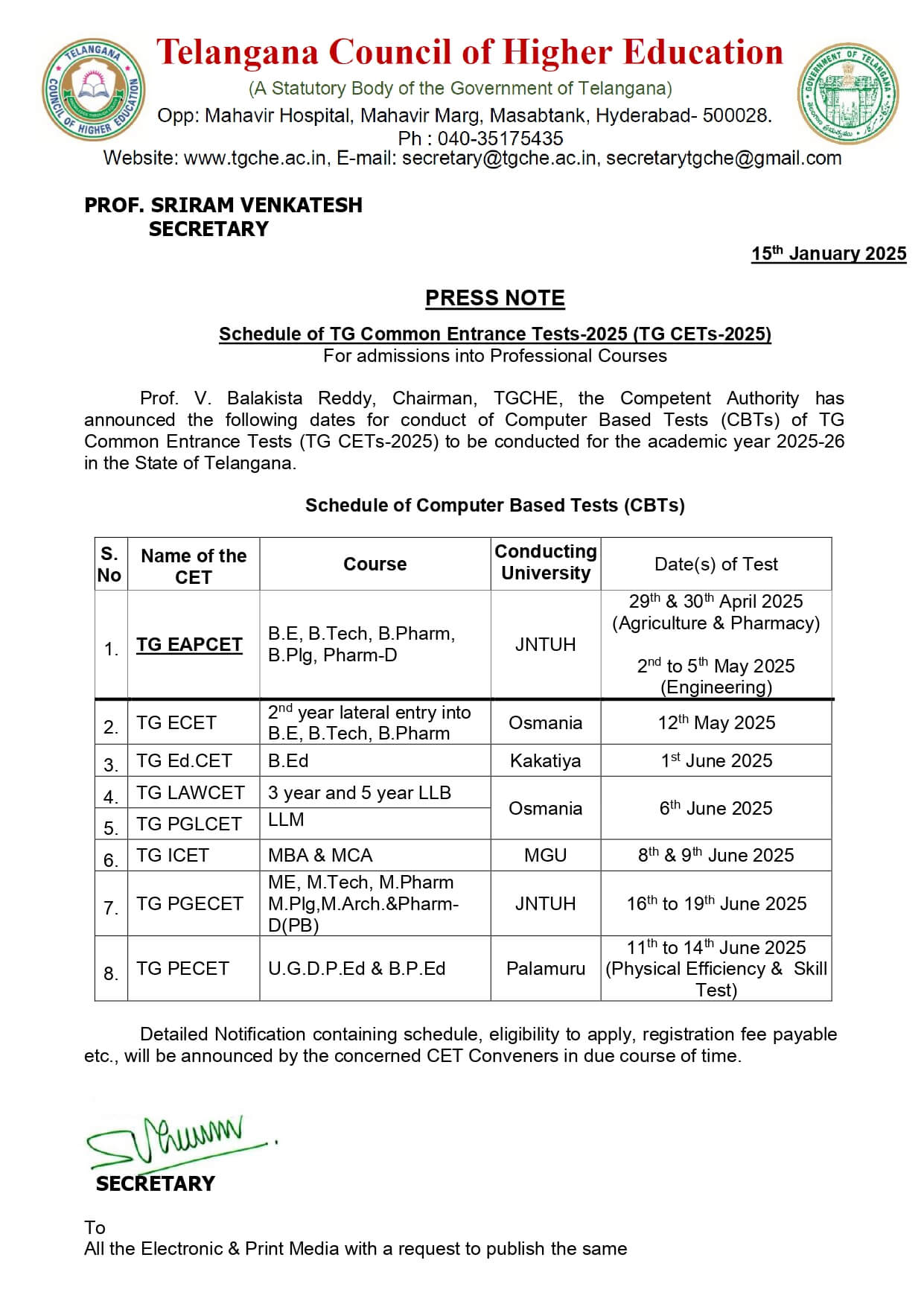 TGCHE CETs Schedule 2025